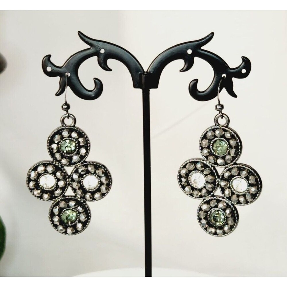 Gunmetal Clear And Light Green Rhinestones Faux Marcasite Circle Drop Earrings